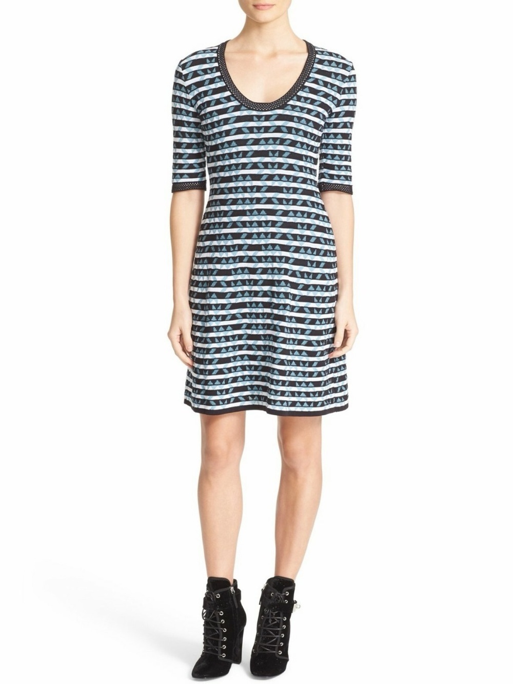 MISSONI Black Blue White Tweed Jacquard Knit V-Neck Fit Flare Dress (125)